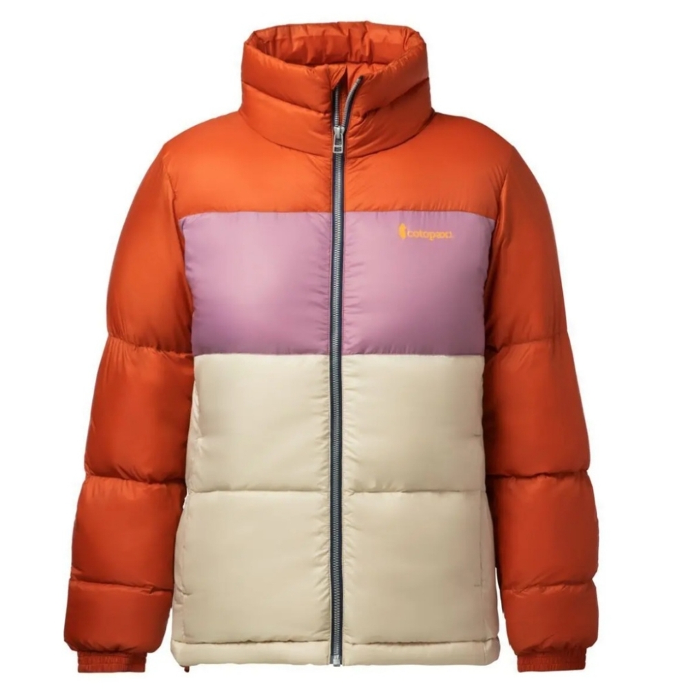 cotopaxi Colorblock Down Puffer Jacket in Orange, Purple & Cream